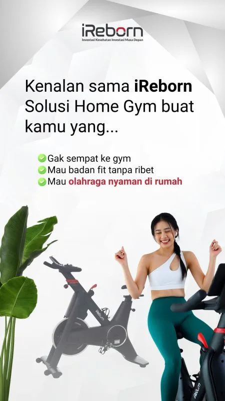 Wanita sedang berolahraga menggunakan Sepeda iReborn di rumah untuk diet